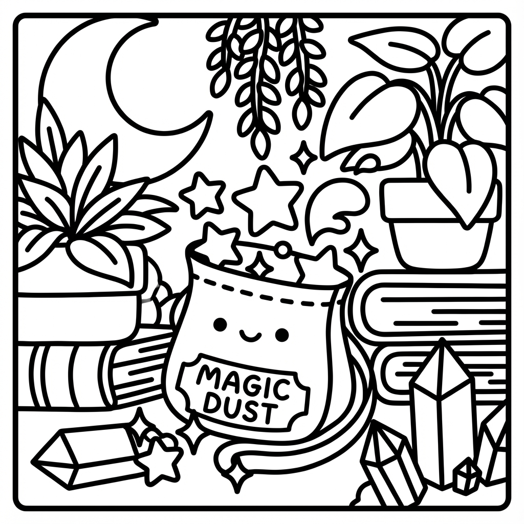 Small pouch of magic dust with stars, a simple coloring pages with thick lines scene.